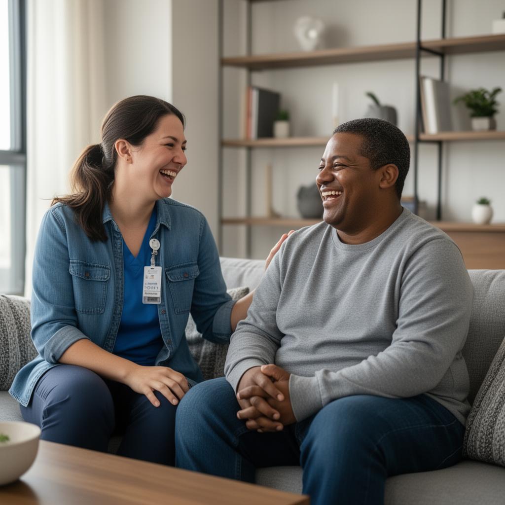A direct support professional sharing a laugh
